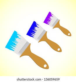Three colour paint brushes on yellow smooth background, vector illustration