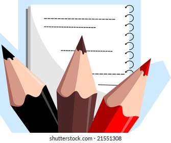 three colour pencil and book