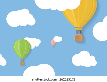 Three coloured aerostats in blue skies with clouds flat illustration