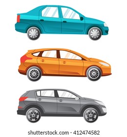 Three coloured separated vector cars. Sedan, universal, crossover. Illustration for infografics. 