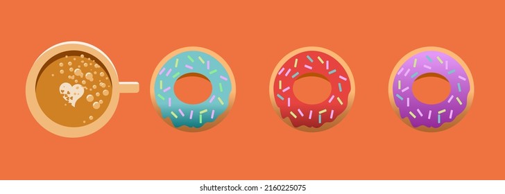 Three colourful donuts and cup of espresso coffee on orange background