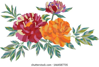 Three colourful pions flowers, geometry illustration