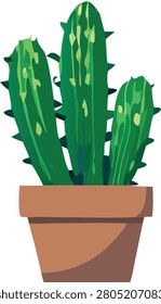 Three column cactus with textured surface and spikes standing in brown clay flowerpot. Desert style botanical vector illustration for creative home or office decor.