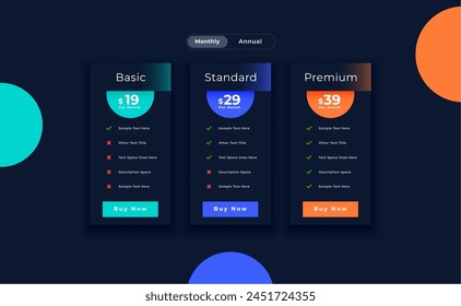 three column price menu template for web apps vector