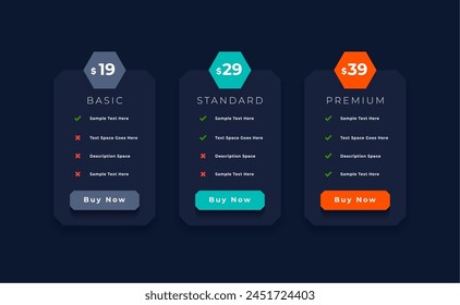 three column pricing chart table layout for web menu or tariff vector