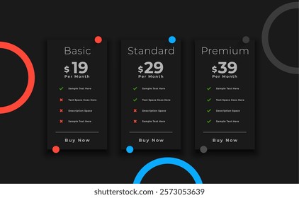three column pricing chart template for UIUX app vector