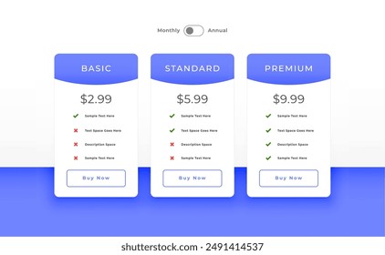 three column pricing plan comparison concept layout vector