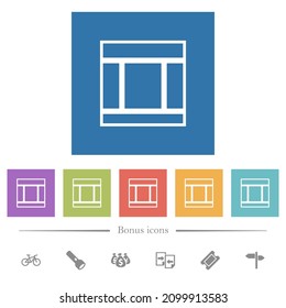 Tres diseños web con columnas esbozan iconos blancos planos en fondos cuadrados. 6 iconos de bonificación incluidos.
