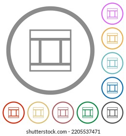 Three columned web layout outline flat color icons in round outlines on white background