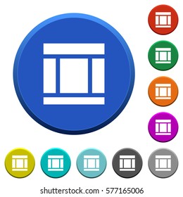 Three columned web layout round color beveled buttons with smooth surfaces and flat white icons