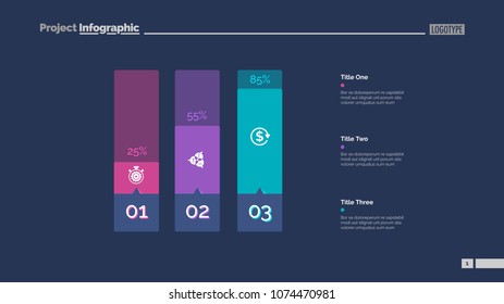 Three columns bar chart. Business data. Comparison, diagram, design. Creative concept for infographic, templates, presentation, report. Can be used for topics like analysis, accounting, finance.