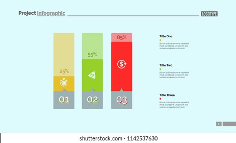 Three columns bar chart. Business data. Comparison, diagram, design. Creative concept for infographic, templates, presentation, report. Can be used for topics like analysis, accounting, finance.