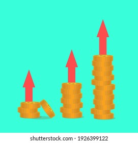 Three columns of coins with arrows indicating growth and development. Profit 