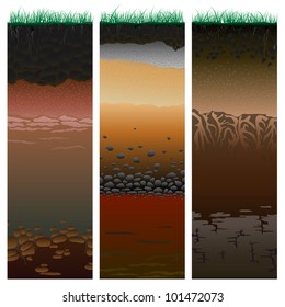 Three Columns With Cut Of Soil (profile) With A Grass, Roots,layers Of The Earth, Clay And Stones (Vector Illustration).