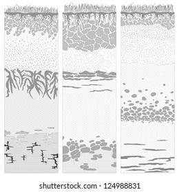 Three columns with cut of soil (profile) with a grass, roots,layers of the earth, clay and stones in black and white color (Vector illustration).