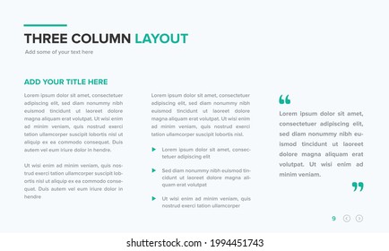 Three Columns, Section Layout For Brochure, Magazine, Flyer, Website, And Other Marketing Media Collaterals. Editable Template Of A Presentation Slide, Meeting Agenda. Vector Template.