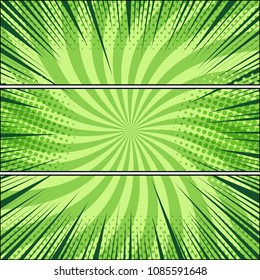 Three comic bright horizontal banners with halftone and rays humor effects on green radial background. Vector illustration