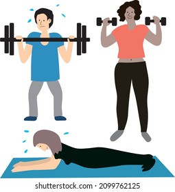Tres cómicos de etnias mixtas practicando deportes de entrenamiento. Un hombre y dos mujeres practican levantamiento de pesas, campanas y tabla. Ilustración vectorial de caracteres aislados.  
