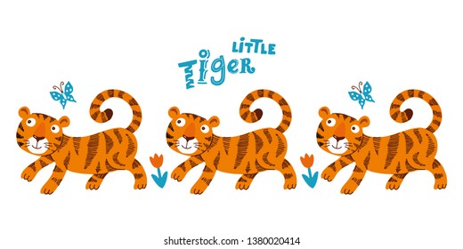 Three comic tigers are walking one after another color illustration Little tiger lettering quote. Cute african animal cartoon character. Funny Poster, banner, shirt design on white isolated background