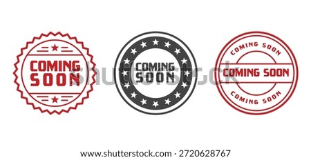 Three coming soon stamps are shown in different red and black designs on a white background for marketing and announcement purposes silhouette