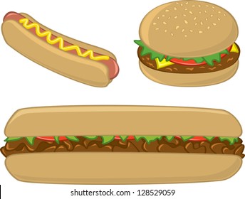 Three common American fast food sandwich items - a hot dog, hamburger and steak submarine.