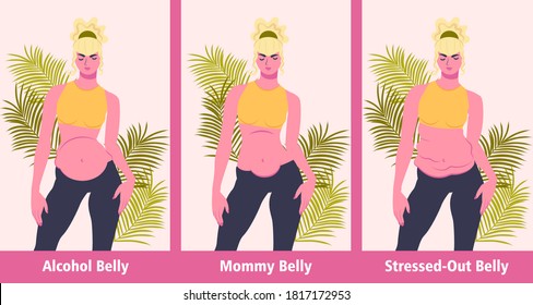 Three Common Female Tummy Types: Alcohol, Mommy And Stressed-out Bellies. Front View. Isolated Vector Illustration.