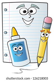 Three common school supplies drawn with cartoon faces.