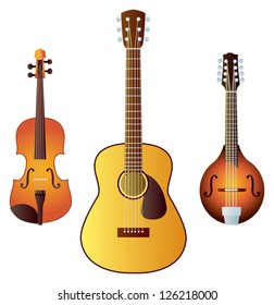 Three Common Western Stringed Instruments Often Used In Country, Folk Or Bluegrass Music - A Violin, A Guitar And A Mandolin.