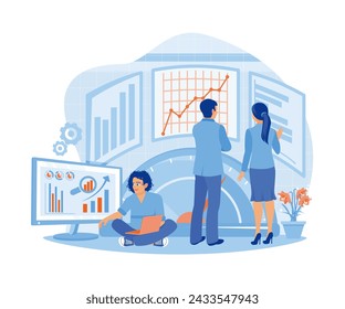 Three company employees compare, test and analyze company business charts using laptops, computers and virtual screens. Benchmarking concept. flat vector modern illustration