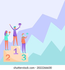 Three Competitors Drawing Standing On Podium Holding Trophies Celebrating Victory. Contestants Drawing Stands On Platform Wearing Medal Carrying Tournament Cups.