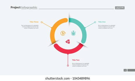 Three components circle diagram slide template. Business data. Graph, diagram. Creative concept for infographic, presentation, report. Can be used for topics like strategy, efficiency, planning