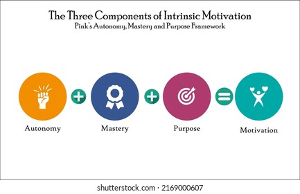 The three components of Intrinsic Motivation - Pink's Autonomy, Mastery and Purpose Framework. Infographic template with Icons.