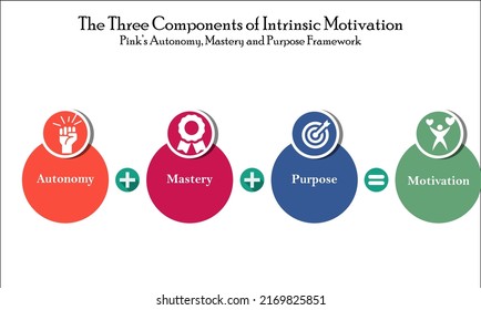 The three components of Intrinsic Motivation - Pink's Autonomy, Mastery and Purpose Framework. Infographic template with Icons.