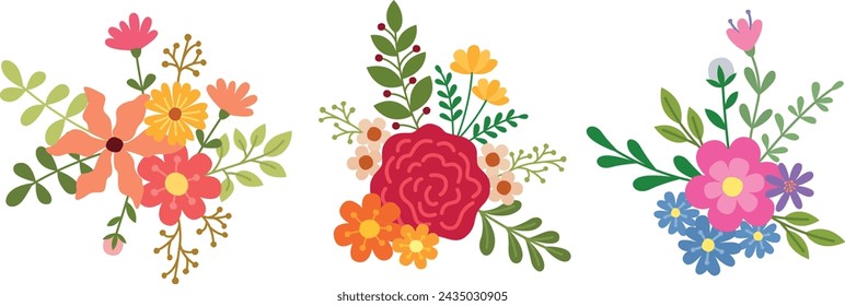 Three compositions of cute hand drawn flowers and leaves. Vector floral illustration in simple flat style