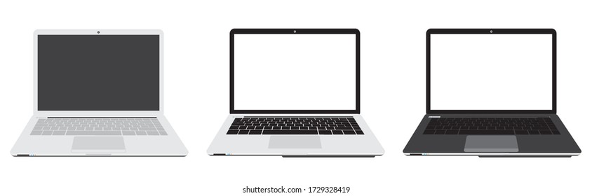 Three Computer laptops front side isolated on white background. EPS.file.