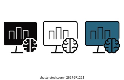 Three computer screens displaying bar graphs paired with brain icons in different color schemes isolated on transparent background