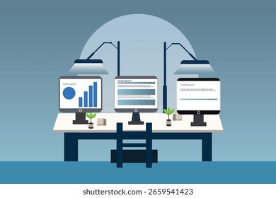 Três computadores com gráficos e plantas gráfico de mesa