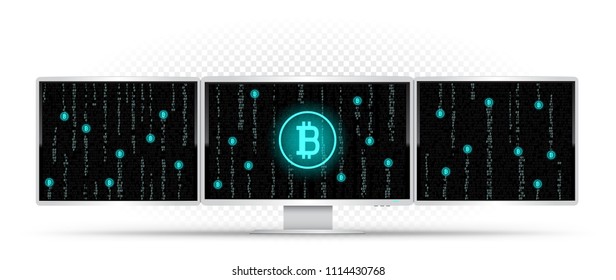 Three computers monitors with code mining bitcoin. Triple monitor computer super wide screen device on transparent background.. PC desktop crypto currency programming template