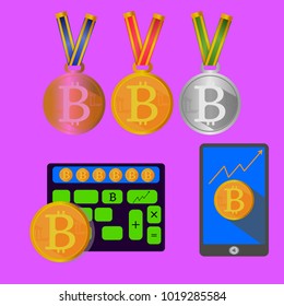 Three concepts of Bitcoins ,Set of gold, silver and bronze Award medals and smartphone and calculator. 