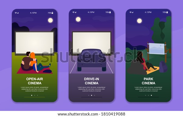 Three concepts of outdoor cinema with\
couples watching Open-air Cinema, Drive-in Cinema and Park Cinema,\
colored vector\
illustration