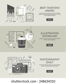 three conceptual banners on topics of painting, illustration and photography, vector illustration