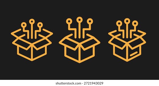 Tres iconos conceptuales que representan la tecnología, los datos y la innovación que emergen de las cajas abiertas, simbolizando nuevas soluciones y transformaciones digitales.