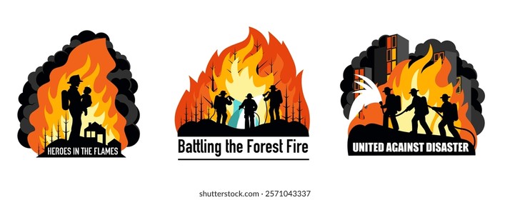 Three Conceptual Silhouette Illustrations Featuring Firefighters in Action with Text for Posters