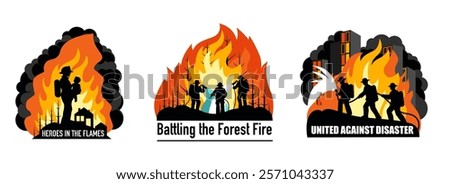 Three Conceptual Silhouette Illustrations Featuring Firefighters in Action with Text for Posters