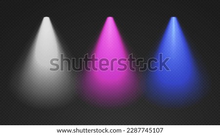Three cone lights from top with darkened edges - white, purple and blue. Volumetric spotlight effect on dark background. Empty limelight in studio or concert scene. 3d rendering.