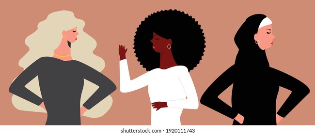 Three confident females from different nationalities standing. Group of women represent sisterhood and friendship. women's rights, gender equality and solidarity. woman empowerment movement concept. 