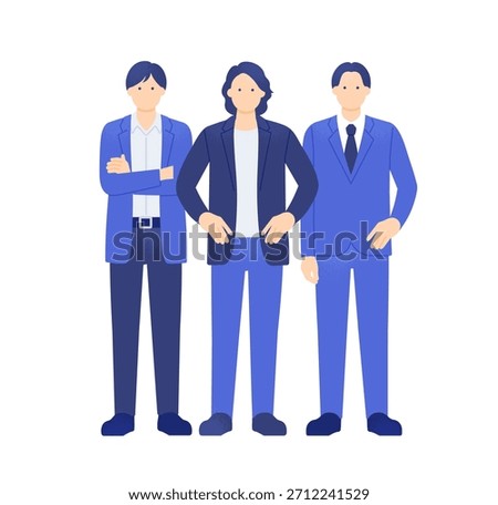 Three confident young businessmen in suits and business casual, full length vector illustration