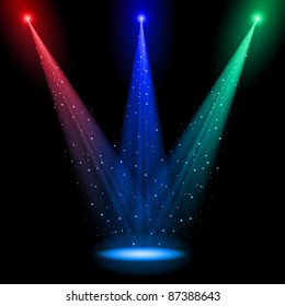 Three conical RGB shafts of light shine at one point into the black