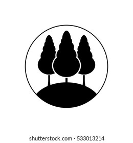 Three conifer trees on a hill circle vector icon 