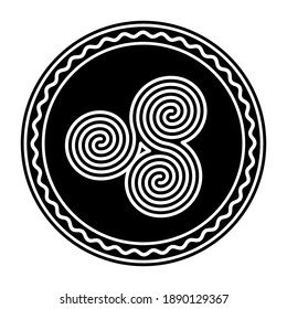 Three connected Celtic double spirals. Triple spiral, formed by three interlocked Archimedean spirals. Labyrinth, symbol and motif. Black and white, isolated illustration, on white background. Vector.